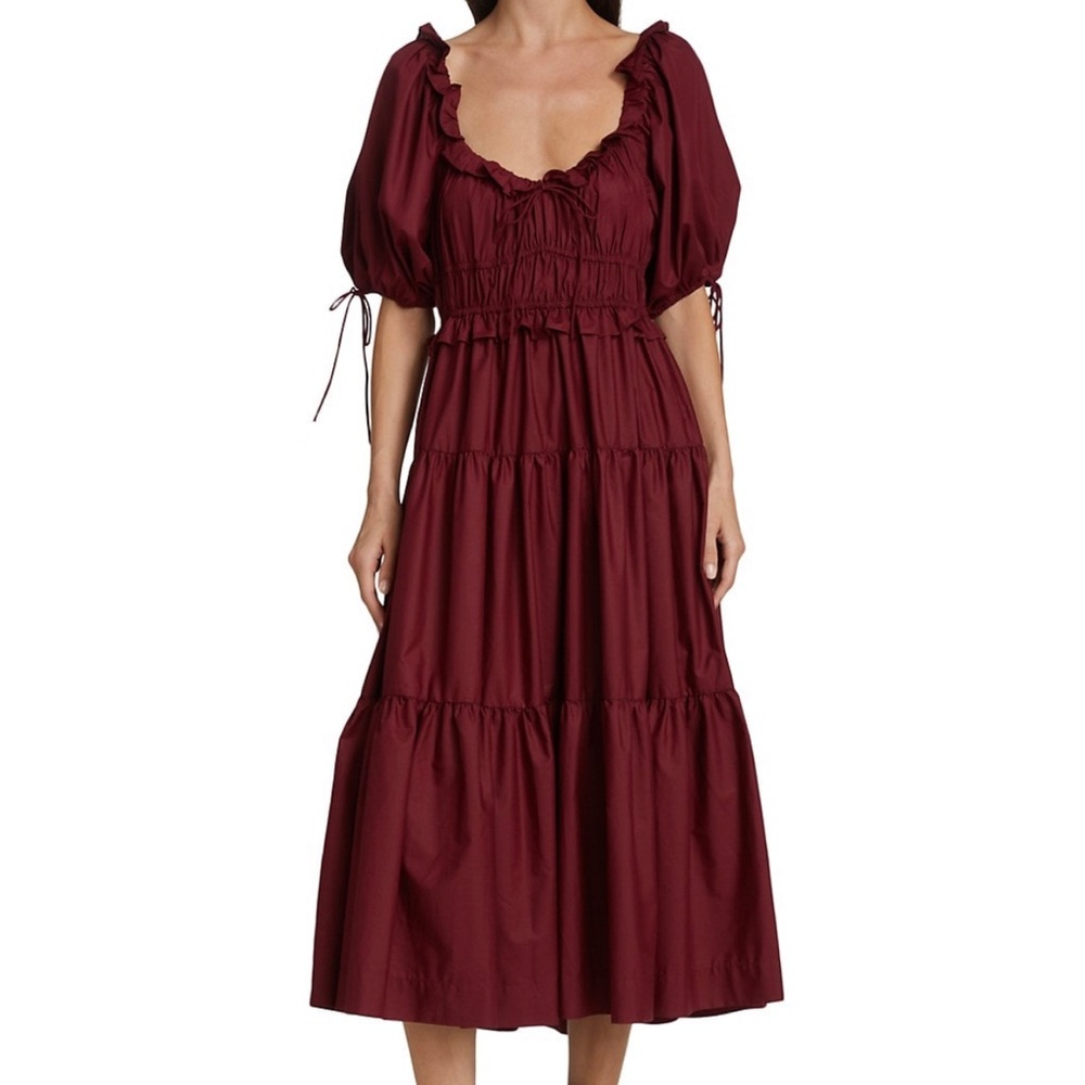 En Saison Puff Sleeve Tiered Cotton Midi Dress